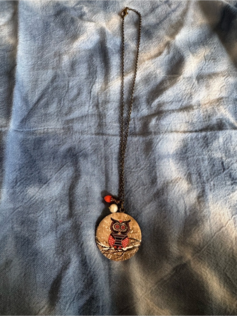 Vintage-Style Gold Owl Pendant Necklace with Red Accents